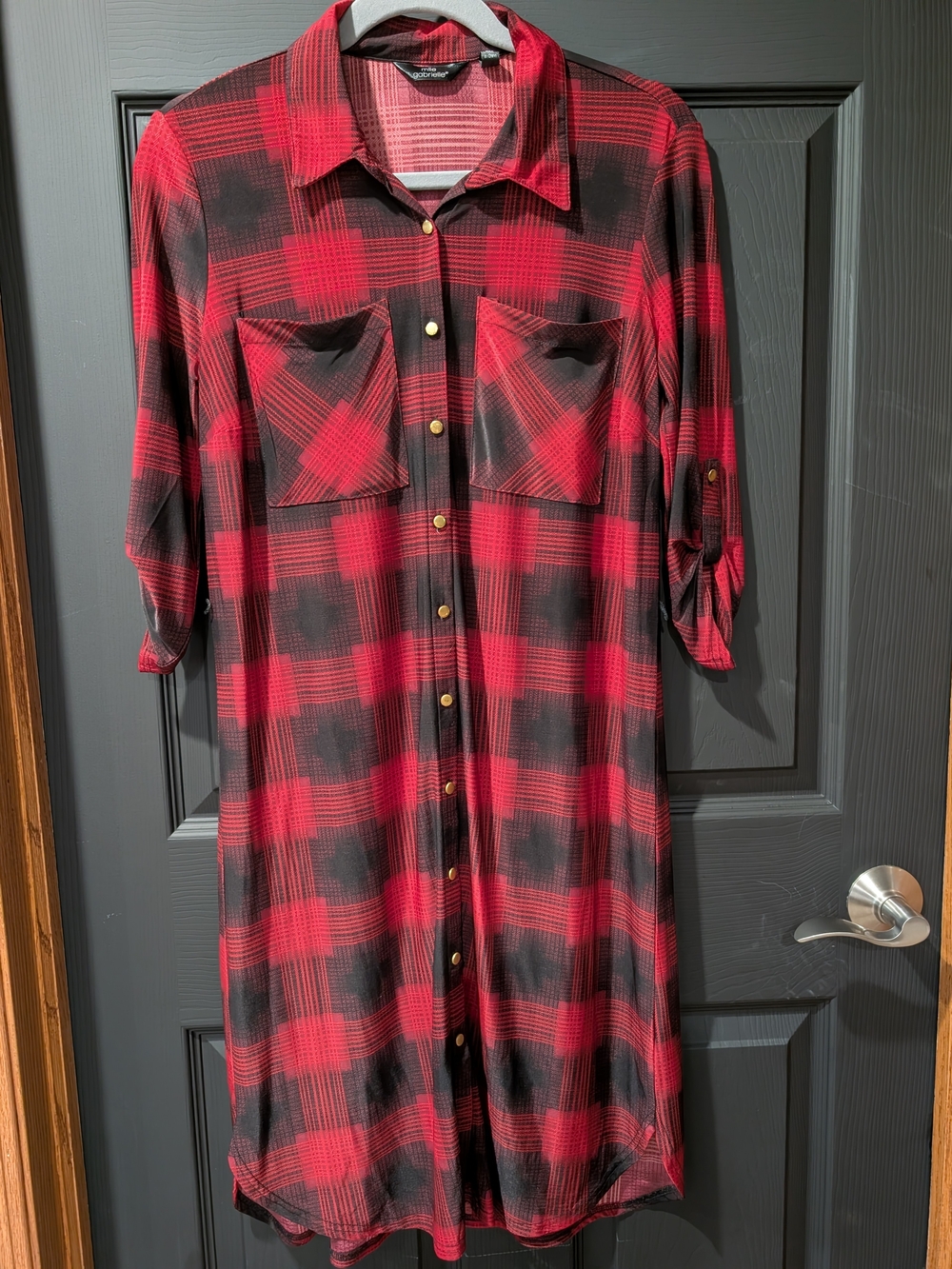 Mlle Gabrielle Red and Black Plaid Midi Shirt Dress